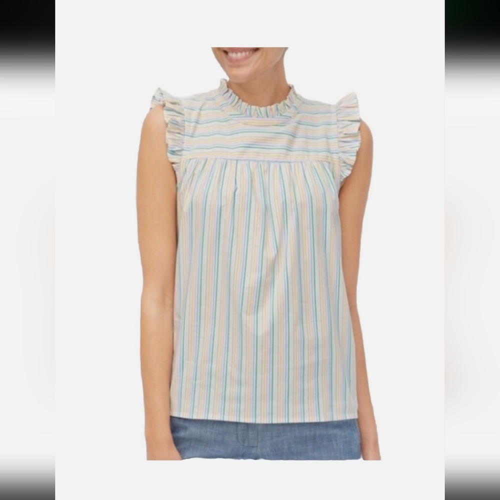 J.Crew Pastel Multicolor Stripe Poplin Ruffle Slv Blouse Keyhole Top Size 2 EUC